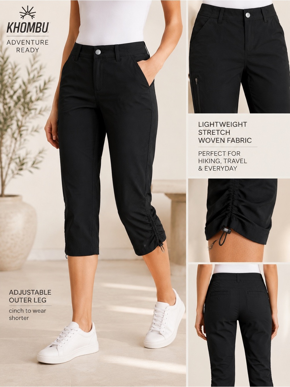 Khombu Women’s Black Stretch Woven Hiking Travel Capri Pants Size Small